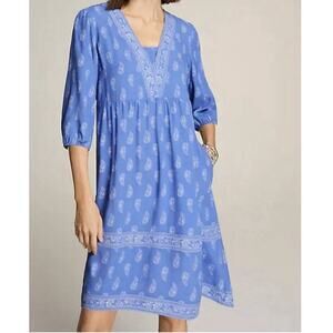 J Jill Border Printed Flounced Hem Dress Pockets Spring Baby Blue Nautical Prep